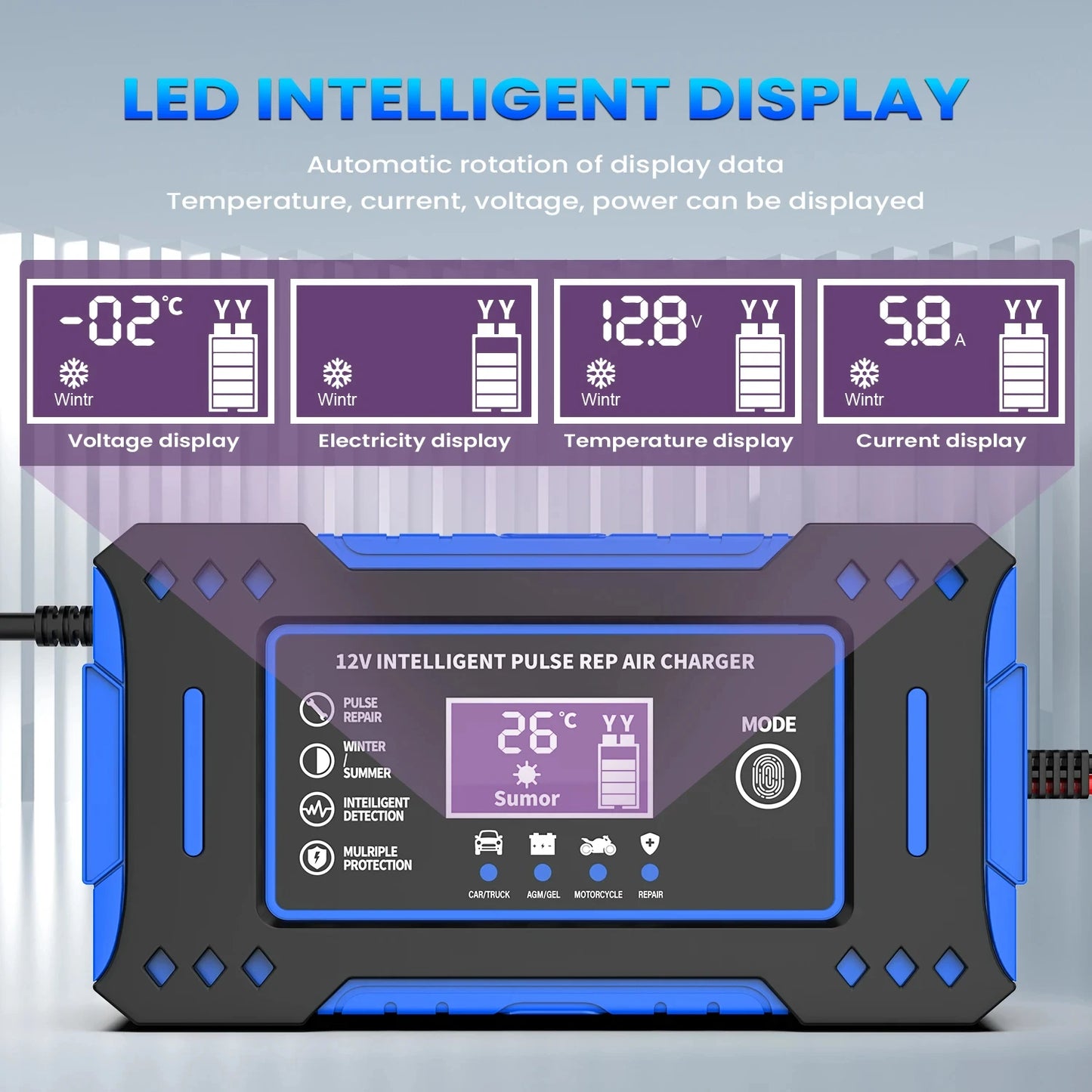 Inteligentna ładowarka do akumulatora 12V 6A – LCD, tryb naprawy
